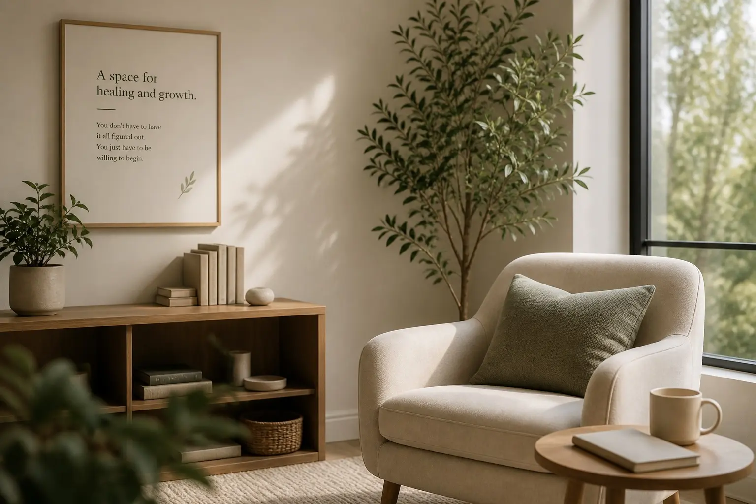 Quiet therapy office with soft natural light and neutral seating